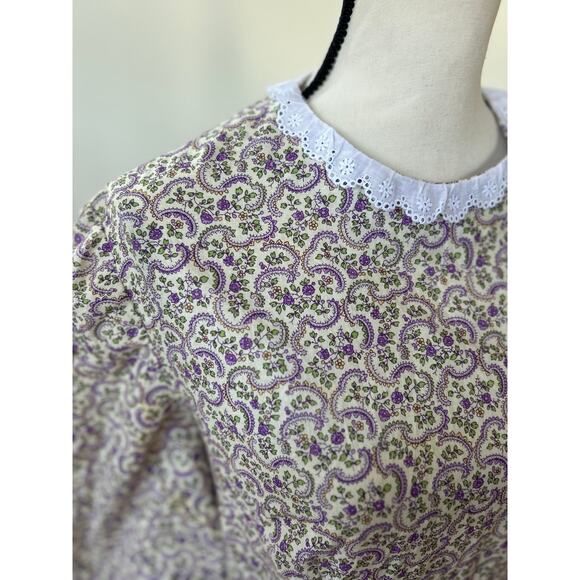 Vintage Purple Ditzy Floral Lace Scallop Collar Tiered Drop Waist Maxi Dress - Picture 3 of 9